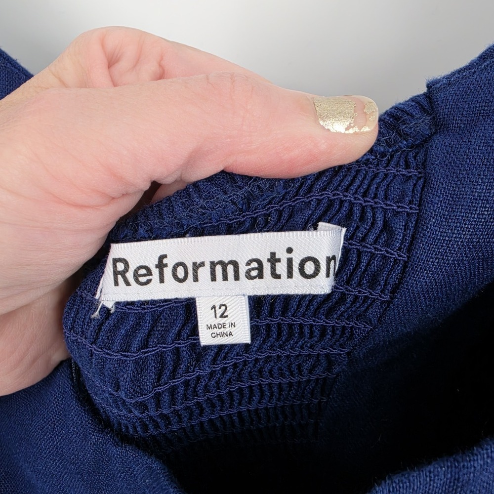 REFORMATION Belgium Linen Midi Dress Navy Blue Side Slit Puff Sleeve Sz 12 - Picture 3 of 16